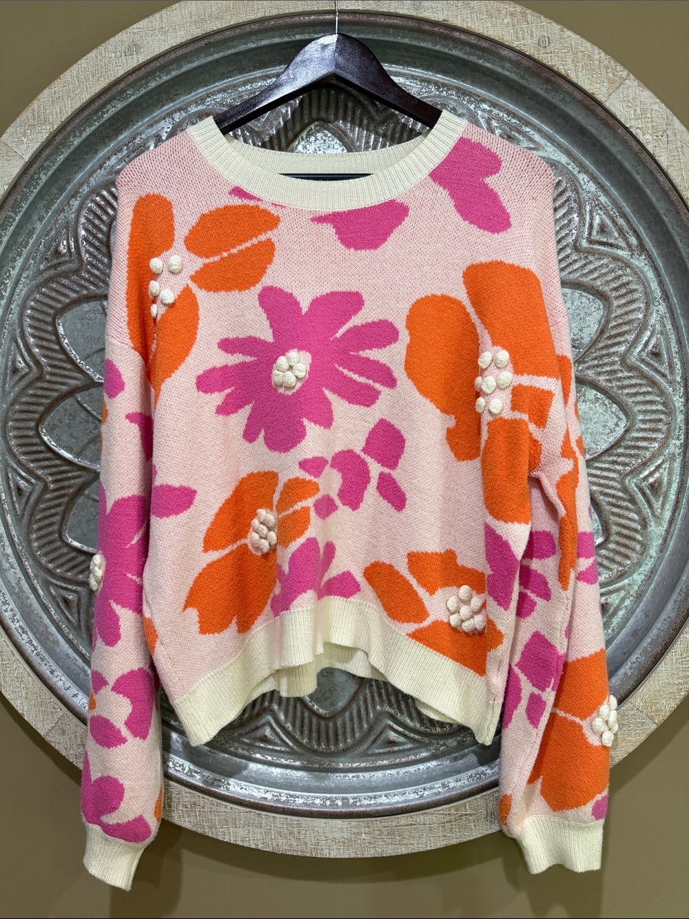 Main Strip Cream & Pink Crewneck Sweater with Orange & Fuchsia Floral Accents